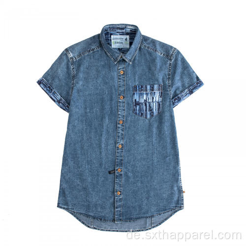 Mode Herren Kurzarm Indigo Denim Print Shirt